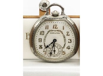 (24) VINTAGE HAMILTON POCKET WATCH WITH TRAIN THEMED FOB - WORKS
