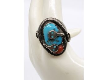(56) VINTAGE EFFIE CO. ZUNI STERLING SILVER, TURQUOISE & CORAL MENS RING -SIZE 11 1/2 -17.6 DWT