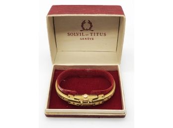 (147) VINTAGE SOLVIL ET TITUS LADIES CUFF WATCH-PLAYING CARDS-20 MICRON GOLD PLATED  ORIG. BOX-WEAR TO EMAMEL