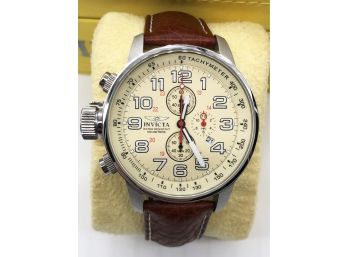 (60) INVICTA LEFTY CHRONOGRAPH BROWN LEATHER MENS WATCH #2772- WITH ORIG. CASE AND PAPERWORK - NEEDS BATTERY