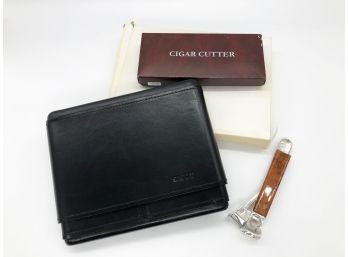 (30) LOT OF 2 ITEMS-LEATHER SAVOY LARGE CIGAR HOLDER & LARGE CIGAR CUTTER W/PLASTIC HANDLE-BOTH BOXED