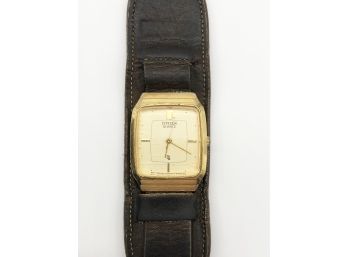 (102) VINTAGE MENS CITIZEN GOLD TONED WRISTWATCH - HIPPY CQ-LEATHER STRAP - NEEDS A BATTERY