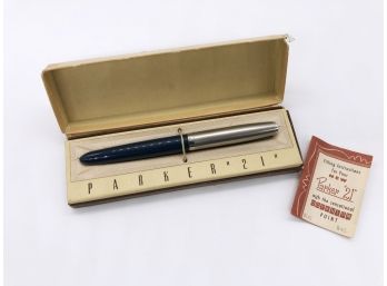 (28) VINTAGE PARKER '21' PEN BLUE WITH CHROME - IN ORIGINAL BOX AND INSTRUCTIONS
