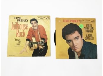 (13) 2 ELVIS PRESLEY 45 RECORDS - JAILHOUSE ROCK, TREAT ME NICE - I NEED YOUR LOVE TONIGHT -A FOOL SUCH AS I