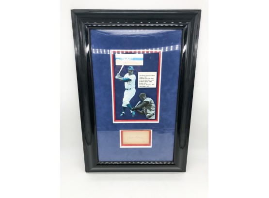 (73) SIGNED AUTOGRAPH JACKIE ROBINSON-FRAMED,MATTED,PHOTOS AND HISTORY INCLUDED-COA ON BACK