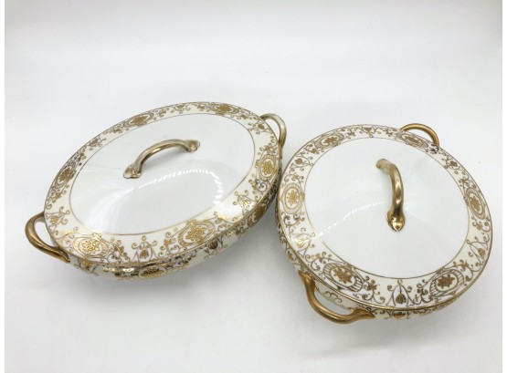(134) PAIR OF TWO VINTAGE NORITAKE CHINA COVERED TUREENS - OVAL & ROUND - GOLD DECORATION