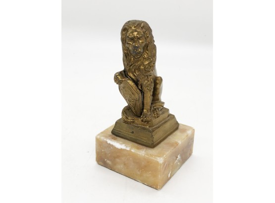 (142) VINTAGE BRASS LION ON MARBLE BASE STATUE - 5' TALL