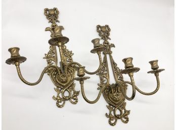 (104) BEAUTIFUL VINTAGE PAIR OF BRASS WALL CANDLE SCONCES - VINES, DOLPHINS & BOWS -  18' BY 13'
