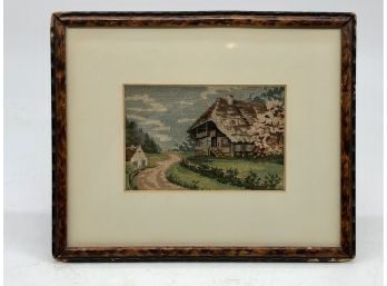 (122) VINTAGE PETIT POINT NEEDLEPOINT PICTURE - COUNTRYSIDE SCENE - FRAMED 12' BY 8'