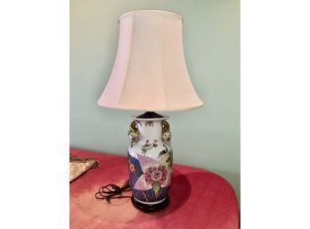 (141) VINTAGE ASIAN PORCELAIN LAMP - HAND PAINTED PEACOCK & FLORAL WITH APPLIED POMEGRANATE HANDLES - 33' HIGH