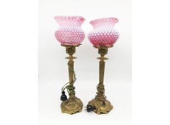 (105) PAIR OF ANTIQUE BRASS TABLE LAMPS WITH PINK & WHITE HOBNAIL GLASS SHADES - RUFFLED EDGE 17' TALL