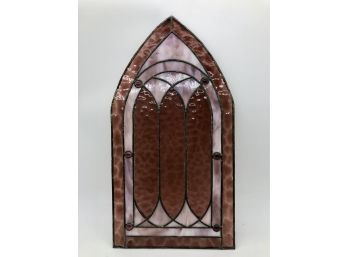 (125) CATHEDRAL SHAPED VINTAGE STAINED GLASS PANEL - RED & PINK - 19 BY 10'