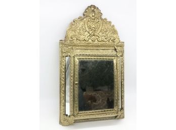 (39) VINTAGE EMBOSSED GOLD METAL FRAME MIRRORED CABINET - WALL HANGING W/BRUSHES - MISSING SCREW  BOTTOM LEFT