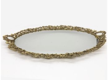 (146) VINTAGE GOLD METAL TRAMED MIRROR VANITY TRAY - LARGE OVAL WITH FLOWERS - 25' BY 16'