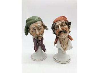 (118) TWO VINTAGE PORCELAIN BUSTS SIGNED 'J. LAURENT' - MEN WITH HEAD SCARVES & PIPE - 8' - SOME PAINT WEAR