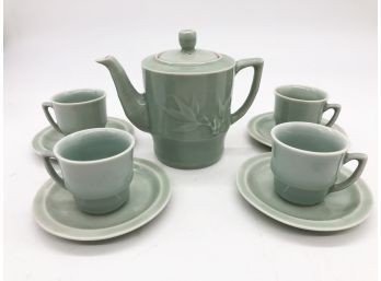 (128) VINTAGE CHINESE CELADON TEA SET - NEW OLD STOCK IN BOX - SMALL SET WITH TEAPOT, 4 CUPS & 4 SAUCERS -BOX