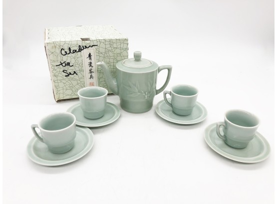 (81) VINTAGE NEW OLD STOCK CELADON TEA SET WITH BOX - MADE IN CHINA C.1970S