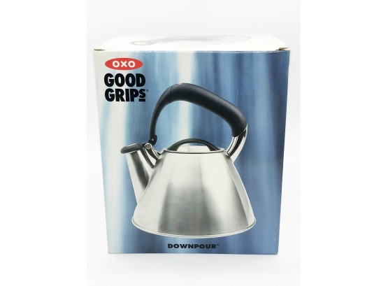 (72) OXO GOOD GRIPS STAINLESS STEEL TEA POT - 'DOWNPOUR' - GENTLY USED IN BOX