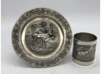 (74) LOT OF TWO - PEWTER STAG PLATE 'SKS ZINN' & MULLINGAR IRISH PEWTER GLASS