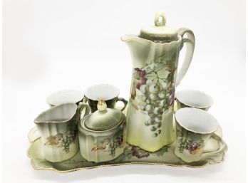 (71) ANTIQUE BAVARIA TEA SET WITH POT, SUGAR, CREAMER, TRAY  & FOUR CUPS - HAND PAINTED