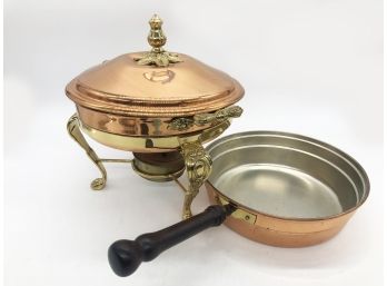(120) VINTAGE COPPER PAN & COVERED COPPER DUTCH OVEN WITH ORNATE BURNER / STAND
