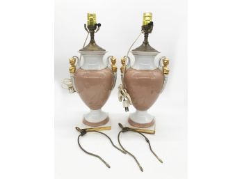 (148) PAIR OF VINTAGE NEOCLASSICAL PORCELAIN LAMPS - PINKISH WITH GOLD CHERUB DECORATION