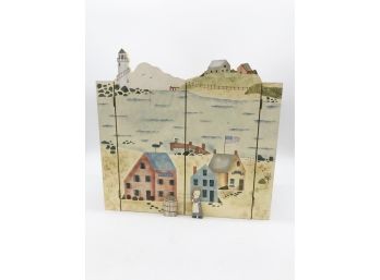 (125) VINTAGE HANGING PAINTED CABINET - FOLK ART WITH LIGHTHOUSE & TWO DOORS - 1988 - 15' BY 12' BY 5'