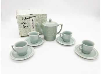 (81) VINTAGE NEW OLD STOCK CELADON TEA SET WITH BOX - MADE IN CHINA C.1970S