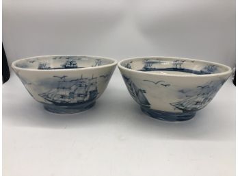 (115) PAIR 'OXNEY GREEN, ENGLAND' BLUE & WHITE BOWLS - TALL SHIPS - 10' WIDE - GALLEON SHIPS