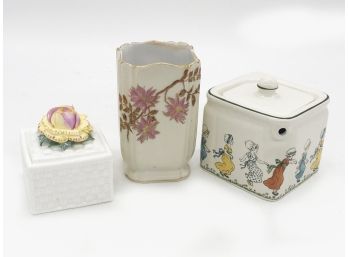 (150) SMALLL TIFFANY COVERED TRINKET BOX, DAMAGED LIMOGES CUP & SMALL STAFFORDSHIRE TEAPOT