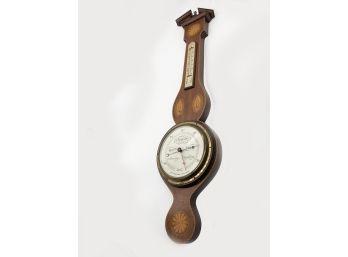 (53) VINTAGE BAROMETER/THERMOMETER IN INLAID WOOD CASE -'sHORT & MASON, LONDON, ENGLAND'-MISSING THERMOMETER-