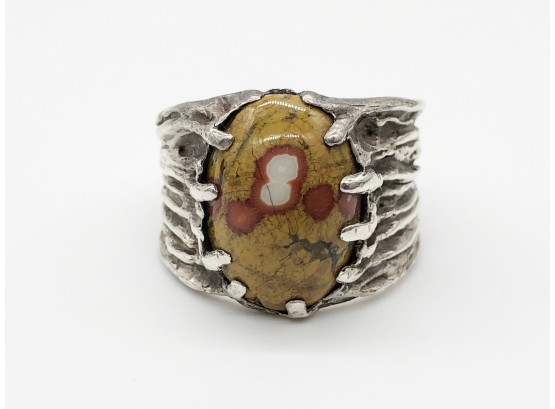 (35) NATIVE AMERICAN STERLING SILVER AND YELLOW NATURAL TURQOUISE RING-8.1 DWT-SIZE 9 1/2