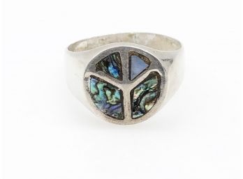 (125) VINTAGE PEACE SIGN STERLING SILVER AND TURQUOISE RING-SIZE 12-WEIGHT APPROX.4.8 DWT