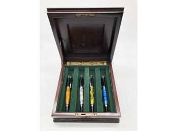(116) LOT OF 4 FAUX MONT BLANC BALL POINT PENS WITH WOODEN CASE AS SHOWN