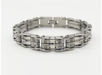(39)UNISEX FASHION STAINLESS STEEL AND DIAMOND CHIP BRACELET-FOLD OVER CLASP-9' LONG-NEW