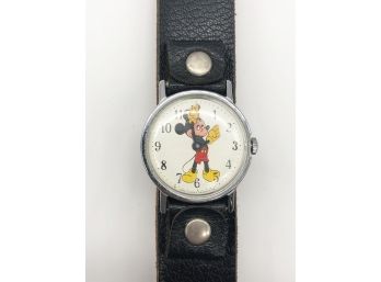 (68) VINTAGE MICKEY MOUSE MECHANICAL WATCH-W/LEATHER STRAP-DOESNT RUN