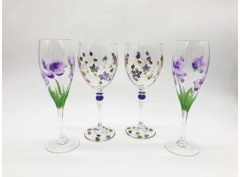 (81) LOT OF HAND PAINTED GLASSES - TWO WINE, TWO CHAMPAGNE - IRIS & FLORAL