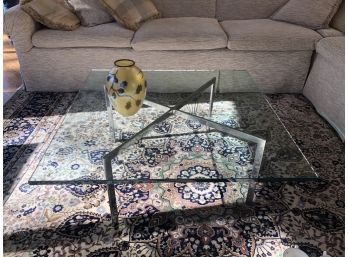 (F7) VINTAGE KNOLL? 'BARCELONA' MODERNIST GLASS TOP COFFEE TABLE - 40' WIDE - FLAKING CHIP TO ONE CORNER