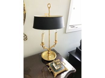 (U11) VINTAGE GOLD METAL LAMP WITH BLACK SHADE 27' & GOLD INKWELL
