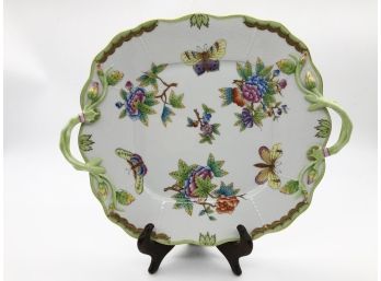 (4) HEREND, HUNGARY 10' CAKE PLATE WITH TWO HANDLES - BUTTERFLIES & FLOWERS