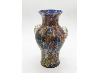 (6) VINTAGE VENETIAN GLASS ITALY MULTI COLORED VASE - 8.5' BY 6' - APPLIED FLUTED HANDLES