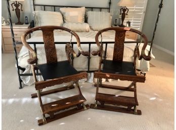 (F10) PAIR OF VINTAGE ASIAN WOOD THRONE CHAIRS WITH BRASS ACCENTS - 2 AREAS OF DAMAGE ON ARM OF EACH -SEE PICS