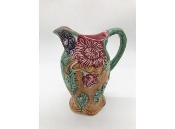(34) CERAMIC MAJOLICA WATER PITCHER - FLORAL WITH SUNFLOWERS - 8'