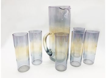 (83) COLORED GLASS ICED TEA SET WITH TALL PITCHER & SIX TALL GLASSES - PURPLE & YELLOW
