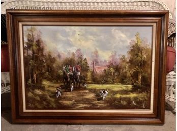 (B7) ORIGINAL OIL PAINTING - ENGLISH FOX HUNT WITH HORSES & DOGS - 44' BY 31'