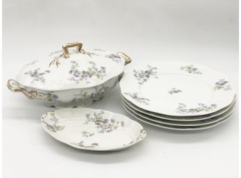 (93) SIX PIECES OF VINTAGE LIMOGES CHINA- PINK FLORAL -C. AHRENFELDT, FRANCE -COVERED TUREEN & PLATES -2 CHIPS