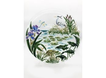(80) HUGE 20' ROUND GLASS DISPLAY PLATTER - TROPICAL SCENE DECORATED WITH TURTLE, CRANE, FROG, DRAGONFLY &IRIS
