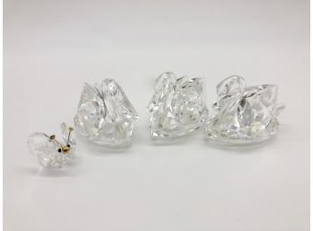 (14) LOT OF THREE SWAROVSKI SWANS - 3' TALL AND UNMARKED CRYSTAL BUTTERFLY