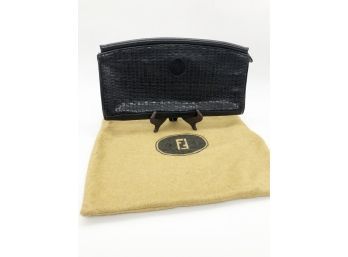 (113) AUTHENTIC VINTAGE FENDI WOVEN BLACK LEATHER CLUTCH HANDBAG WITH DUST BAG - 13.5' BY 6.5'
