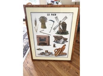 (108) VINTAGE PARIS FRENCH TEACHING ART PRINT -'LE PAIN' BREAD, WHEAT, PIES - FRAMED 40' BY 32'
